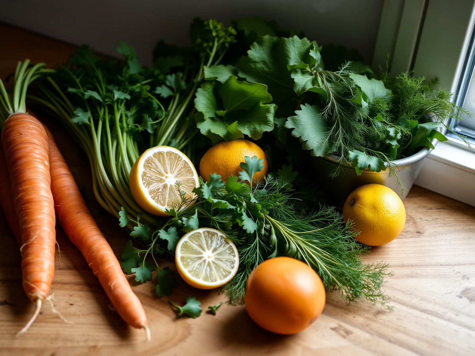 Légumes et herbes de saison sur un plan de travail.